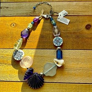 NWT Chico’s necklace Navy Blues, purple, violet and white with silver.